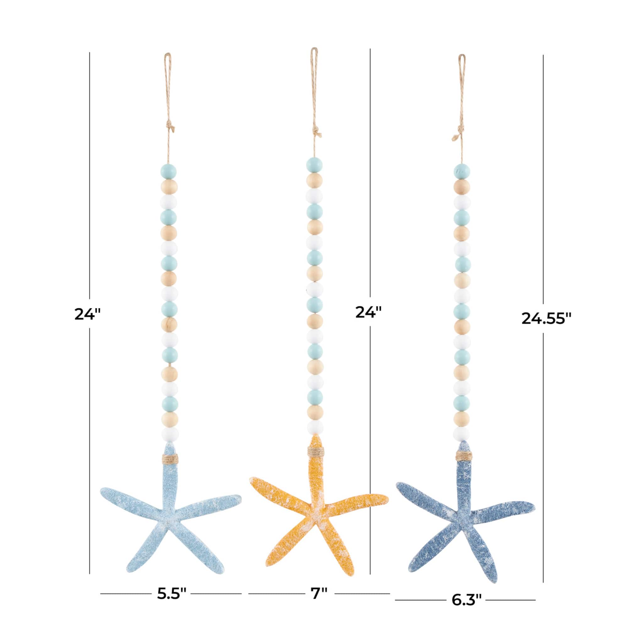 Blue Wood Starfish Handmade Dimensional Wall Décor with Beaded Hanging Rope, Set 3